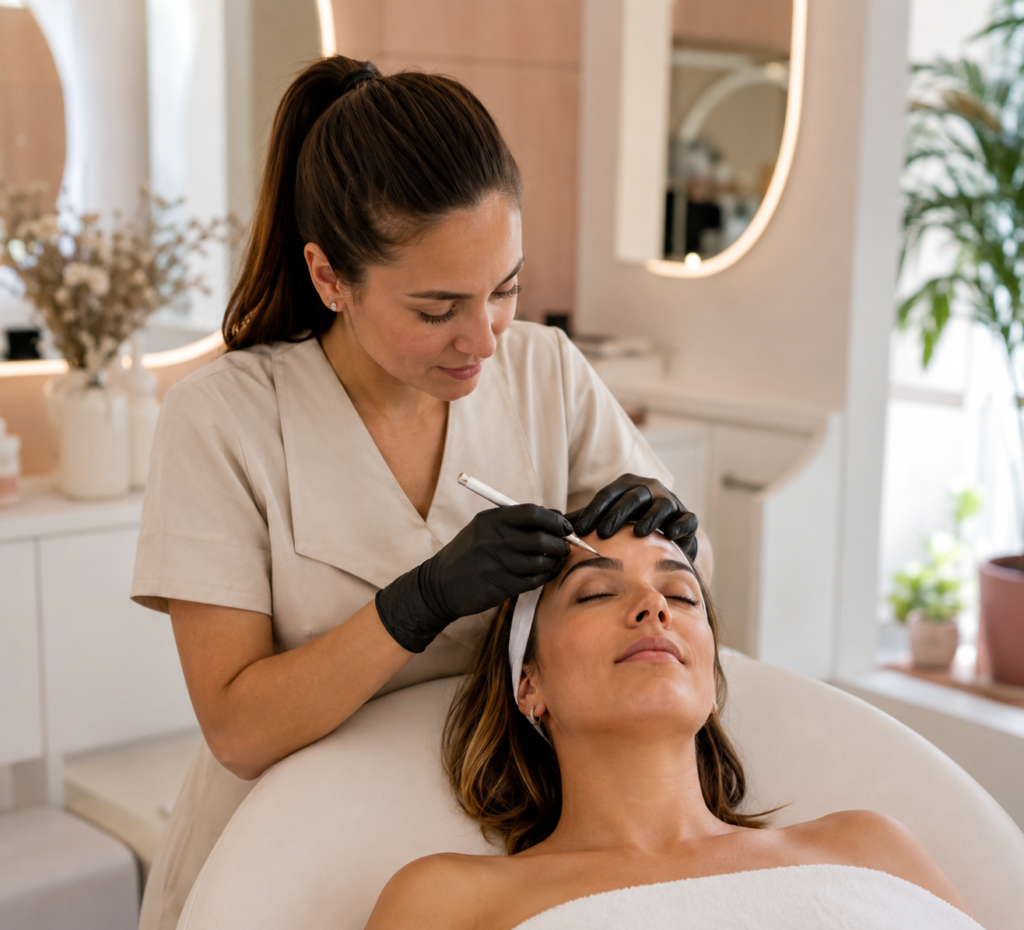 Profesional realizando un tratamiento de belleza a una clienta